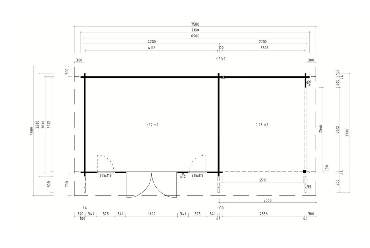 Abri de jardin bois brut CANOPÉE 44 B3 - Toit monopente avec auvent - 11,97 m² + auvent 7,31 m² - Madriers 44 mm