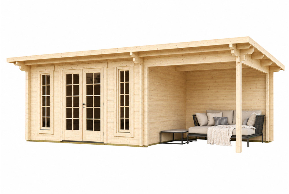 Abri de jardin bois brut CANOPÉE 44 B3 - Toit monopente avec auvent - 11,97 m² + auvent 7,31 m² - Madriers 44 mm