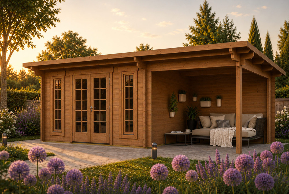 Abri de jardin bois traité autoclave CANOPÉE 44 B3 - Toit monopente avec auvent - 11,97 m² + auvent 7,31 m² - Madriers 44 mm