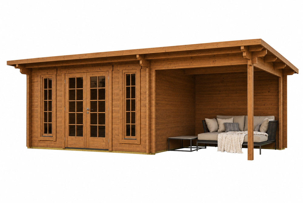 Abri de jardin bois traité autoclave CANOPÉE 44 B3 - Toit monopente avec auvent - 11,97 m² + auvent 7,31 m² - Madriers 44 mm