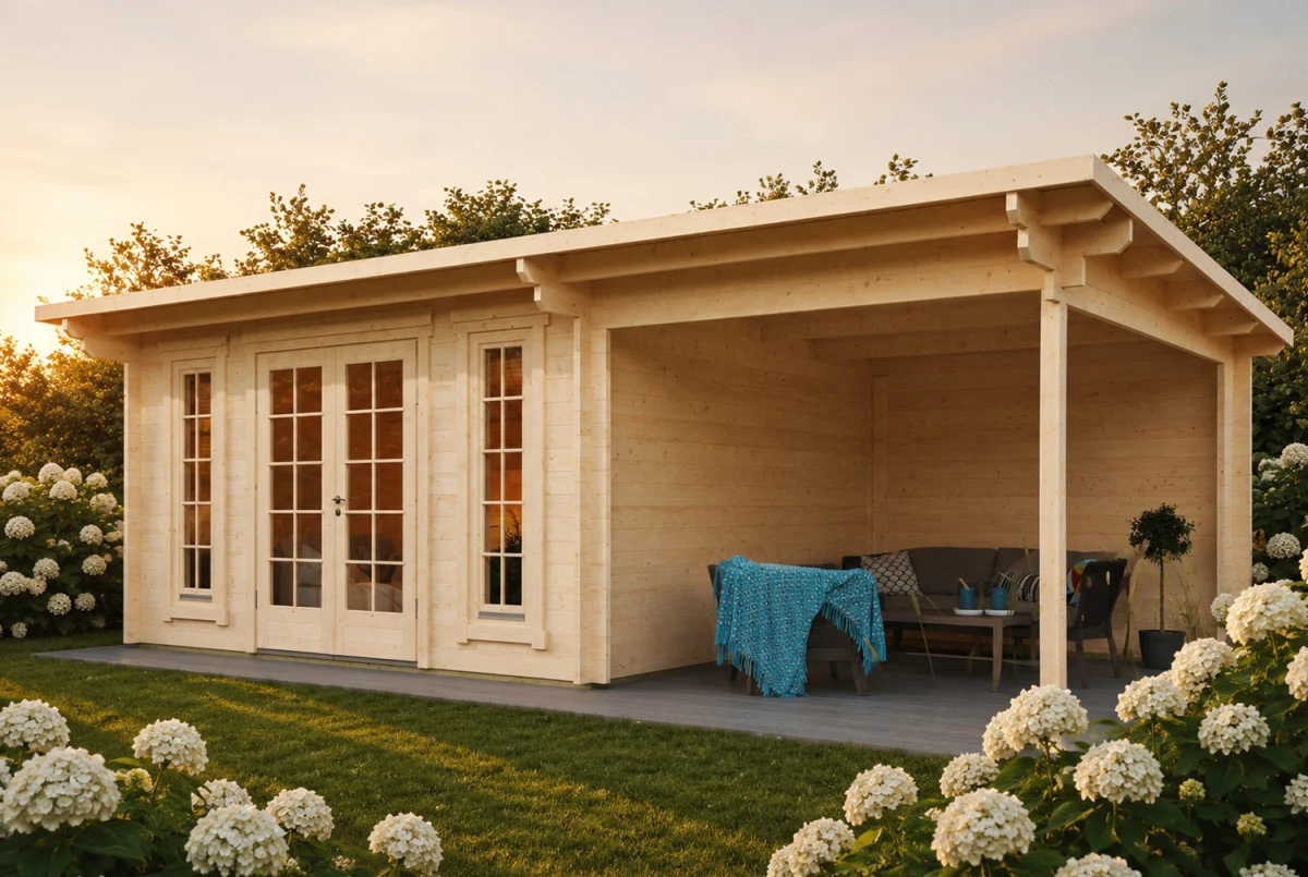 Abri de jardin bois brut CANOPÉE 44 C3 - Toit monopente avec auvent - 14,44 m² + auvent 9,33 m² - Madriers 44 mm