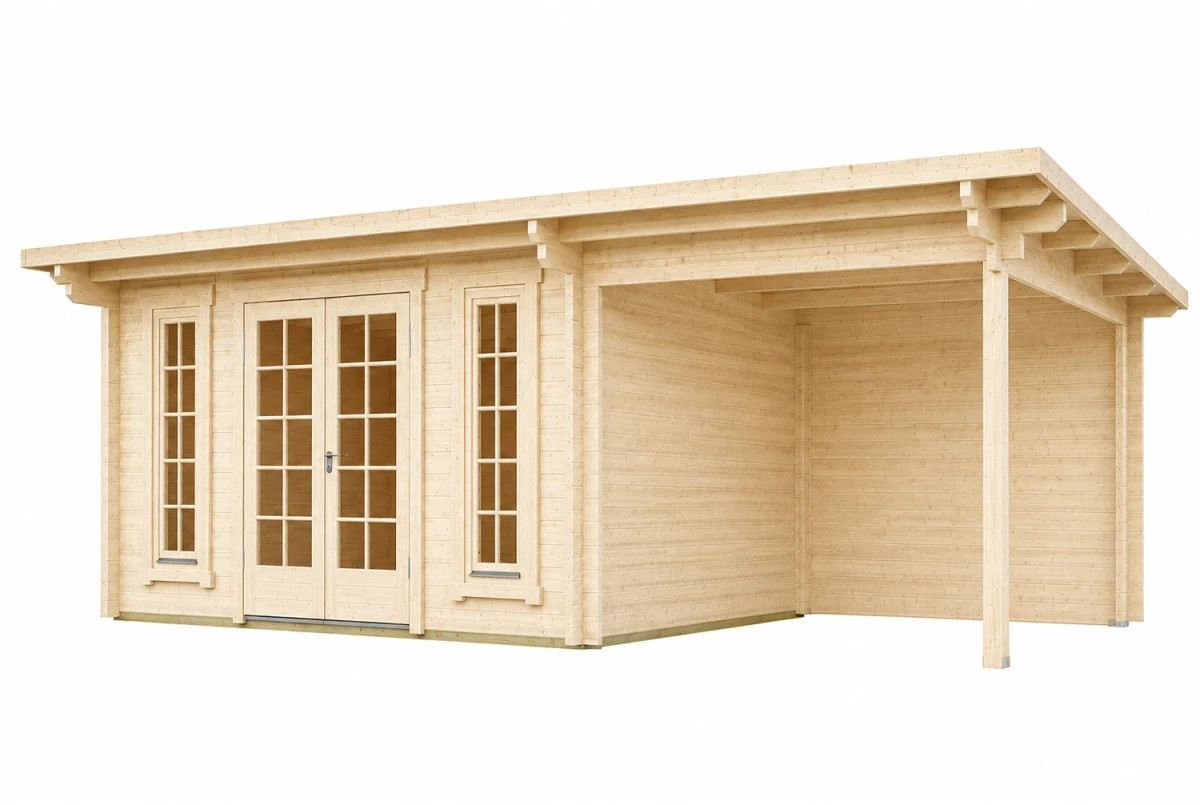 Abri de jardin bois brut CANOPÉE 44 C3 - Toit monopente avec auvent - 14,44 m² + auvent 9,33 m² - Madriers 44 mm