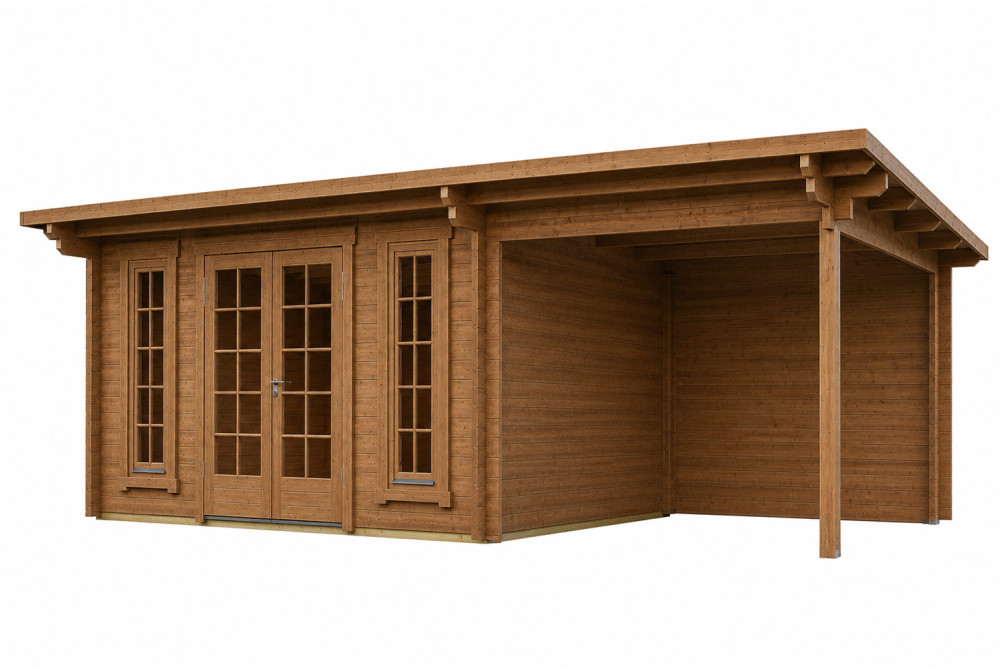 Abri de jardin bois traité autoclave CANOPÉE 44 C3 - Toit monopente avec auvent - 14,44 m² + auvent 9,33 m² - Madriers 44 mm