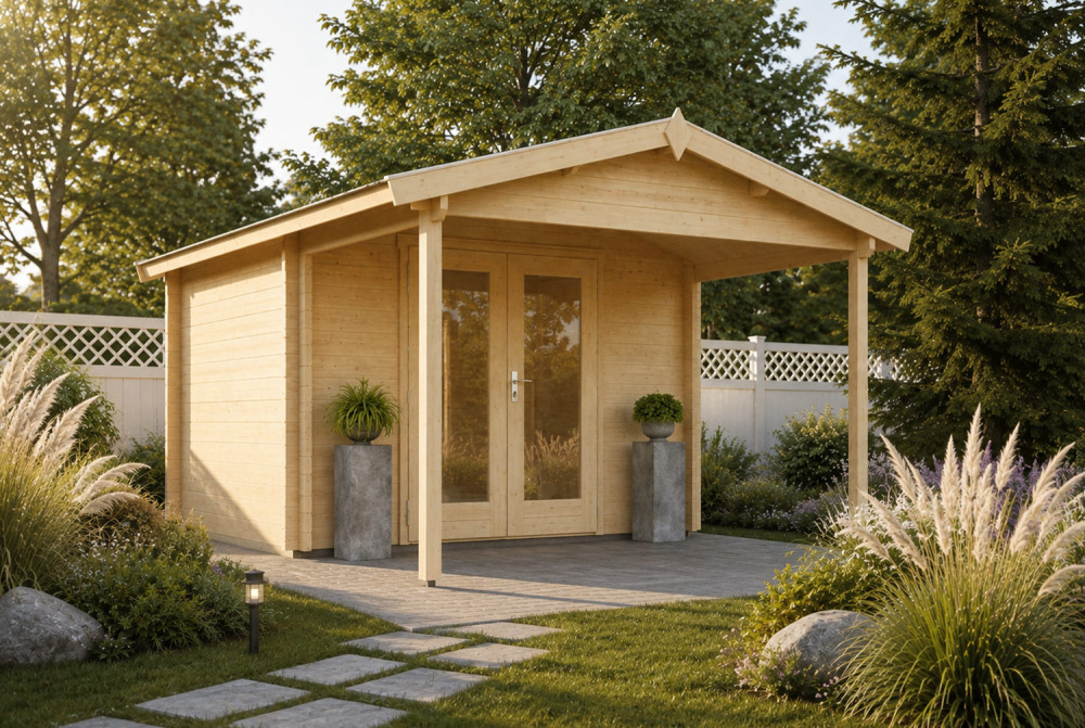 Abri de jardin bois brut SIGNATURE A - Toit double pente - 6,73 m² + 6 m² - Madriers 44 mm