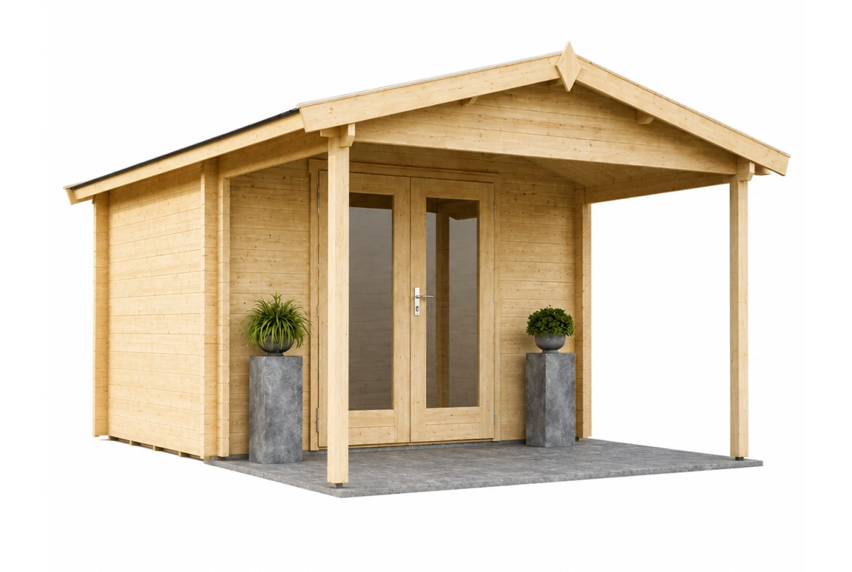 Abri de jardin bois brut SIGNATURE A - Toit double pente - 6,73 m² + 6 m² - Madriers 44 mm