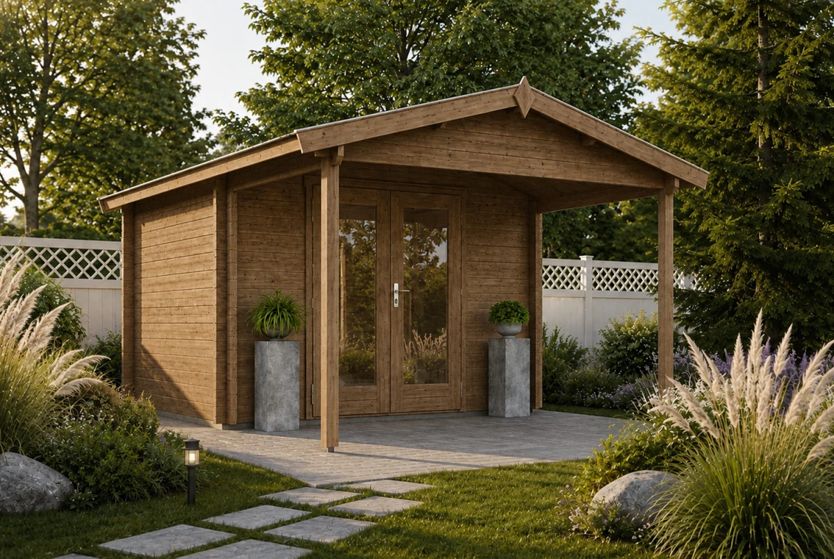 Abri de jardin bois autoclave SIGNATURE A - Toit double pente - 6,73 m² + 6 m² - Madriers 44 mm