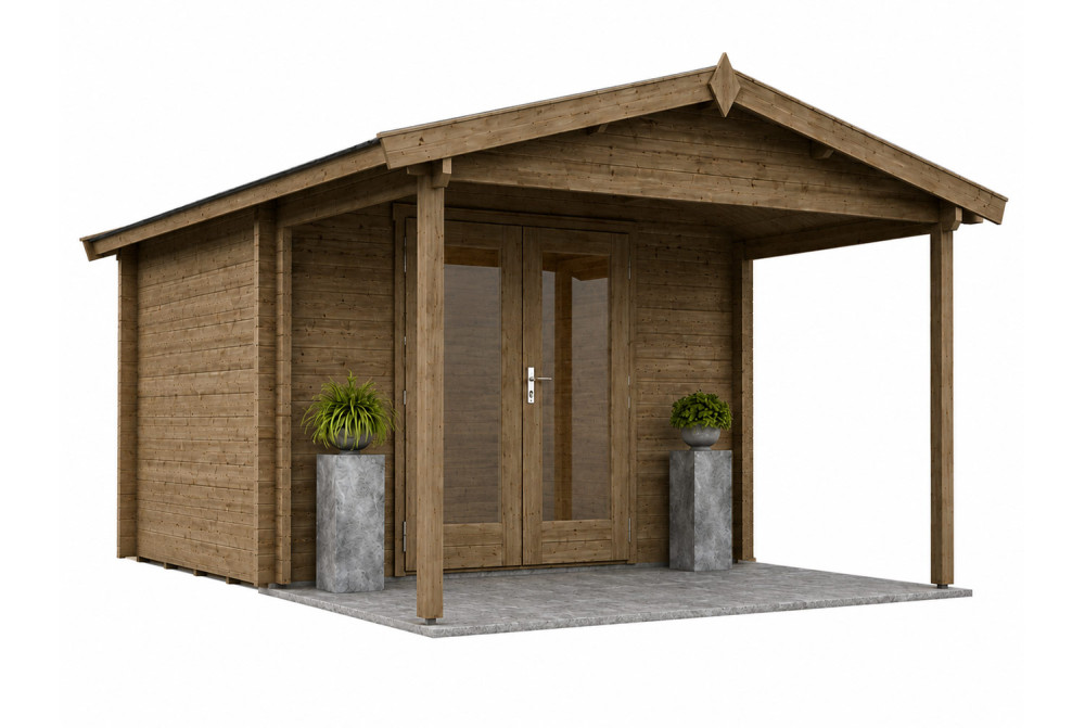 Abri de jardin bois autoclave SIGNATURE A - Toit double pente - 6,73 m² + 6 m² - Madriers 44 mm