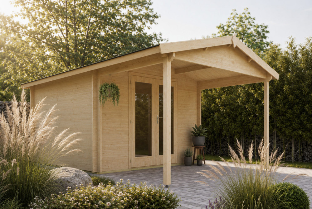 Abri de jardin bois brut SIGNATURE B - Toit double pente - 8,48 m² + 6m² - Madriers 44 mm