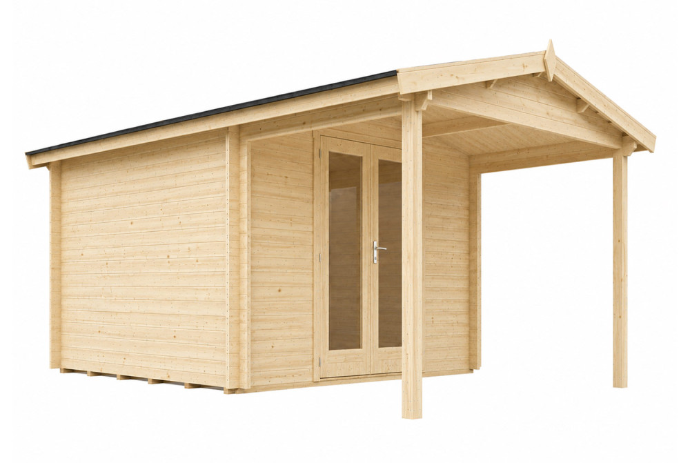 Abri de jardin bois brut SIGNATURE B - Toit double pente - 8,48 m² + 6m² - Madriers 44 mm