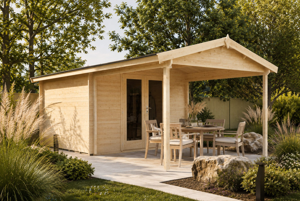 Abri de jardin bois brut SIGNATURE C - Toit double pente - 8,48 m² + 8,55 m²- Madriers 44 mm