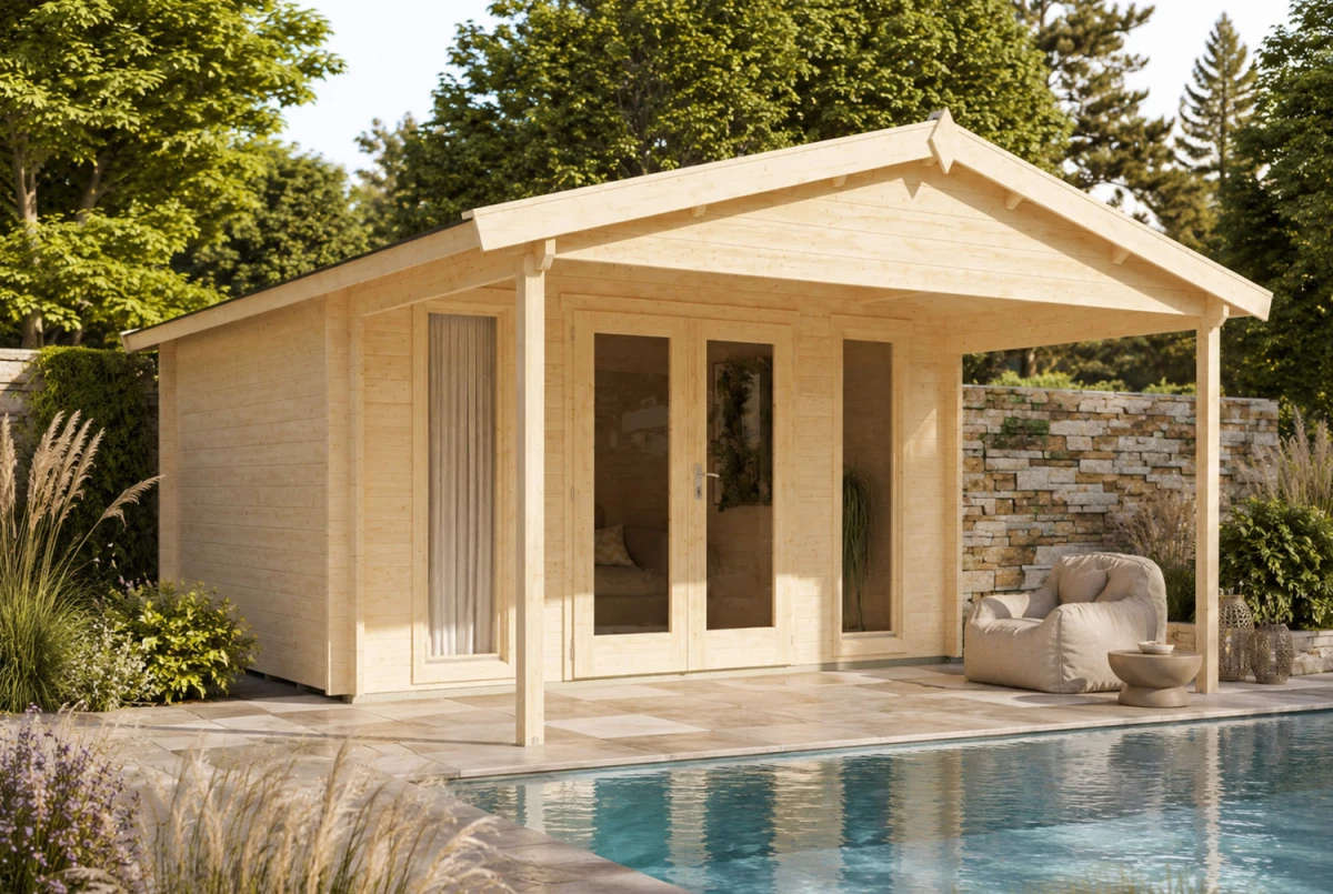 Abri de jardin bois brut SIGNATURE D - Toit double pente - 10,81 m² + 7,60 m² - Madriers 44 mm