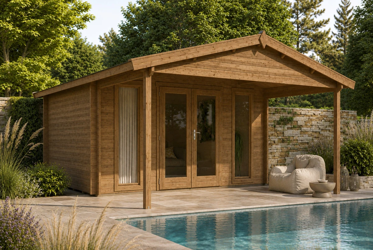 Abri de jardin bois brut SIGNATURE D - Toit double pente - 10,81 m² + 7,60 m² - Madriers 44 mm