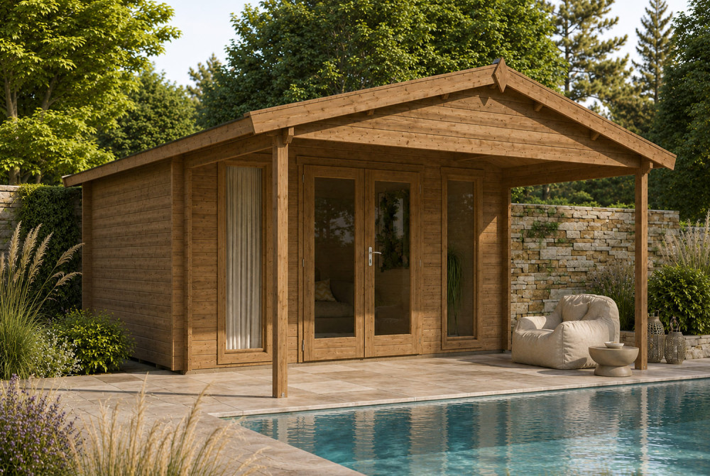 Abri de jardin bois autoclave SIGNATURE D - Toit double pente - 10,81 m² + 7,60 m² - Madriers 44 mm