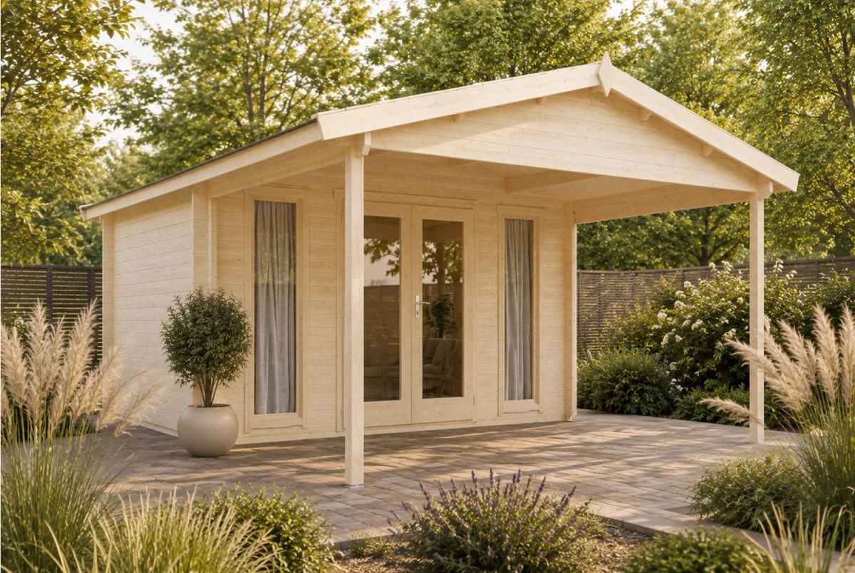 Abri de jardin bois brut SIGNATURE E - Toit double pente - 10,81 m² + 10 m² - Madriers 44 mm