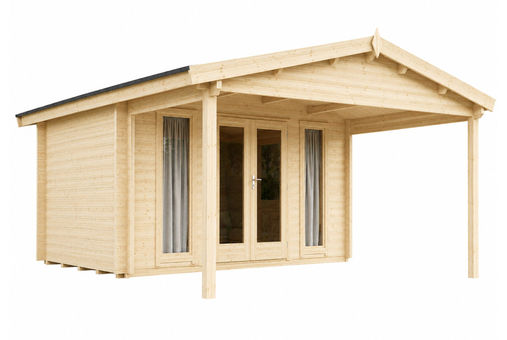 Abri de jardin bois brut SIGNATURE E - Toit double pente - 10,81 m² + 10 m² - Madriers 44 mm