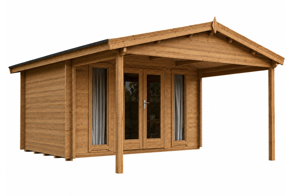 Abri de jardin bois autoclave SIGNATURE E - Toit double pente - 10,81 m² + 10 m² - Madriers 44 mm