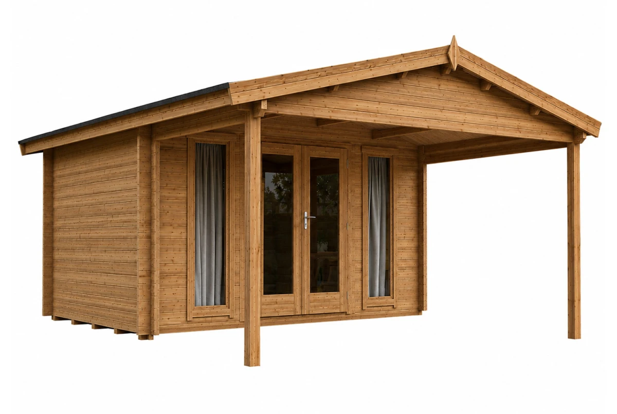 Abri de jardin bois autoclave SIGNATURE E - Toit double pente - 10,81 m² + 10 m² - Madriers 44 mm
