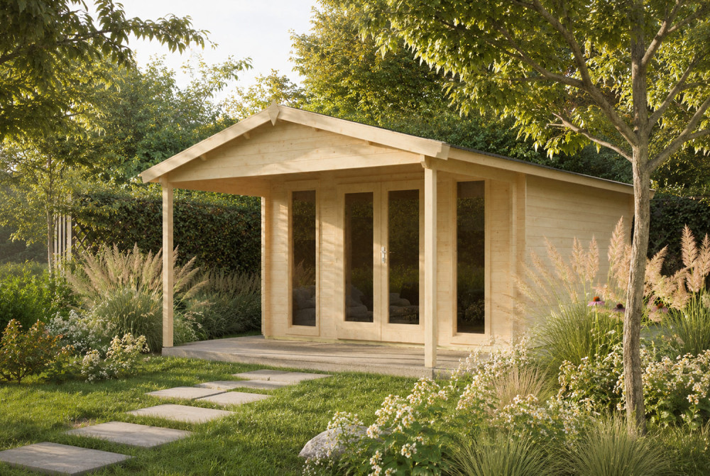 Abri de jardin bois brut SIGNATURE F - Toit double pente - 13,78 m² + 6,89 m² - Madriers 44 mm