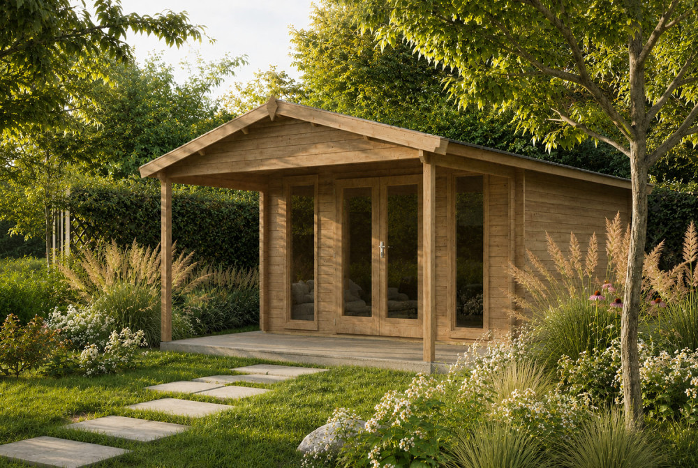 Abri de jardin bois autoclave SIGNATURE F - Toit double pente - 13,78 m² + 6,89 m² - Madriers 44 mm