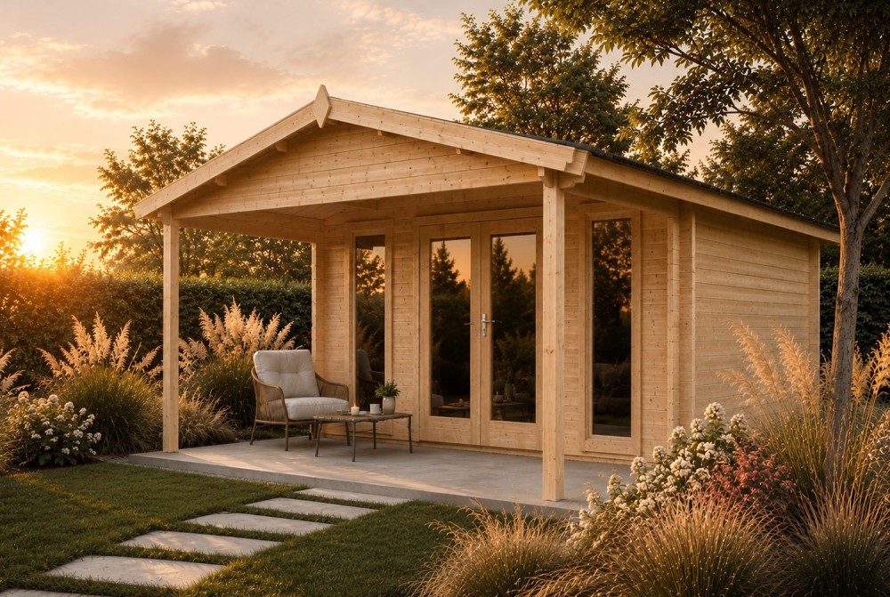 Abri de jardin bois brut SIGNATURE G - Toit double pente - 13,78 m² + 11,4 m² - Madriers 44 mm