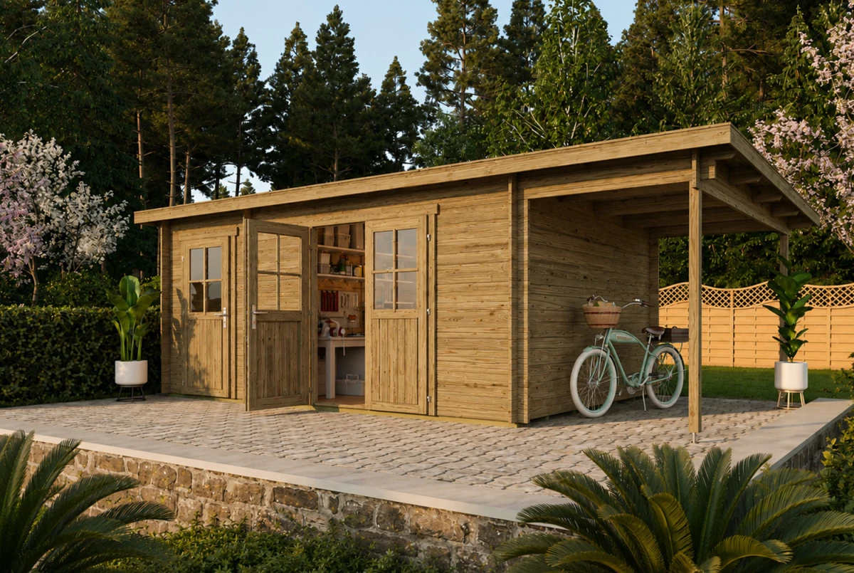 Abri de jardin bois autoclave HORIZON 5I - Toit plat - 2 pièces avec appentis - 10,76 + 4,74 m² - 44 mm