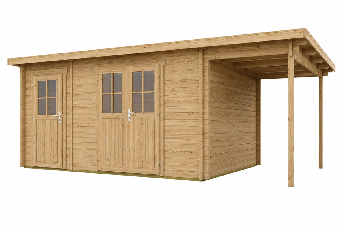Abri de jardin bois autoclave HORIZON 5I - Toit plat - 2 pièces avec appentis - 10,76 + 4,74 m² - 44 mm