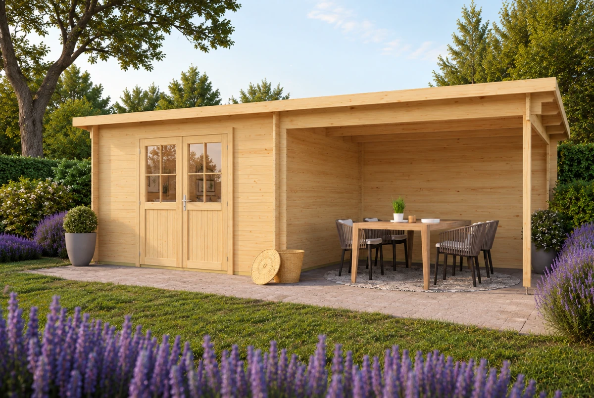 Abri de jardin bois brut HORIZON 4J - Toit plat avec auvent - 8,76 m² + 7,88 m² - Madriers 44 mm