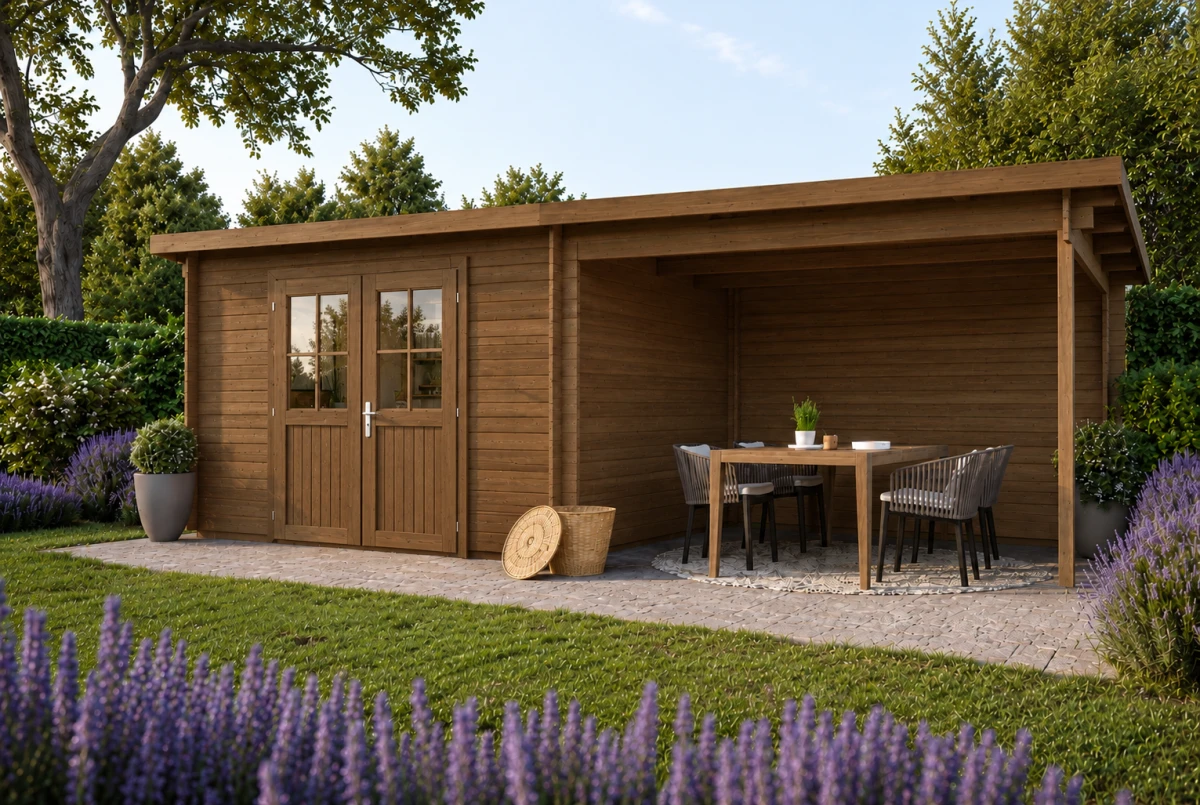 Abri de jardin bois traité autoclave HORIZON 4J - Toit plat avec auvent - 8,76 m² + auvent 7,88 m² - Madriers 44 mm