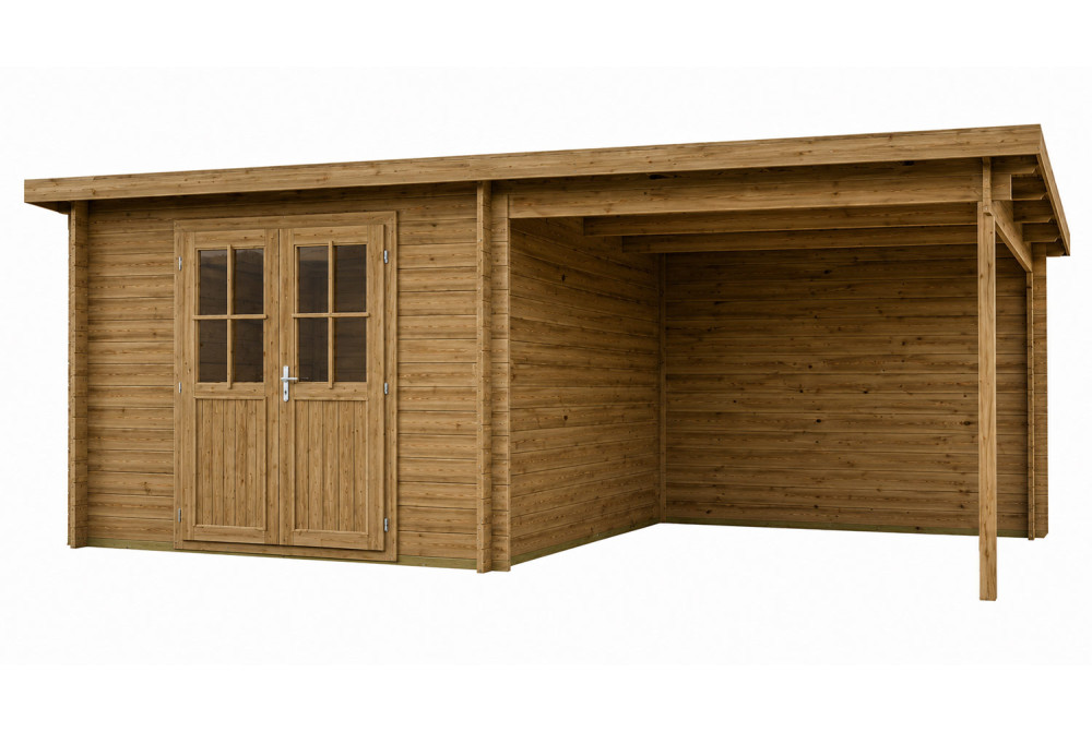 Abri de jardin bois traité autoclave HORIZON 4J - Toit plat avec auvent - 8,76 m² + auvent 7,88 m² - Madriers 44 mm
