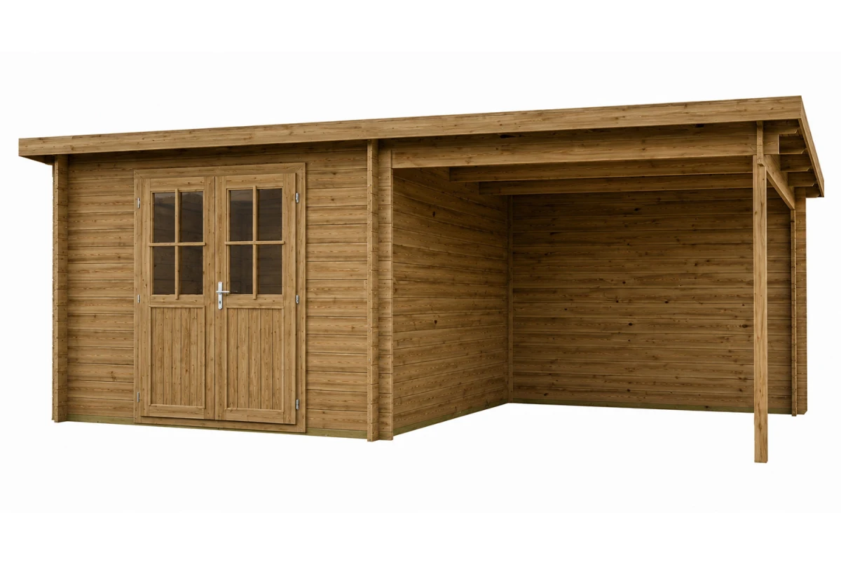 Abri de jardin bois traité autoclave HORIZON 4J - Toit plat avec auvent - 8,76 m² + auvent 7,88 m² - Madriers 44 mm