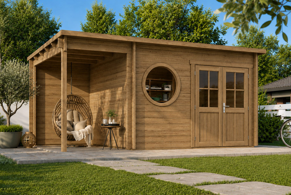 Abri de jardin bois traité autoclave HORIZON 4O - Toit plat avec appentis - 8,74 m² + appentis 4,26 m² - Madriers 44 mm