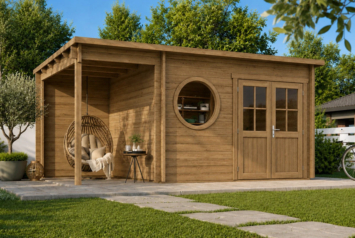 Abri de jardin bois traité autoclave HORIZON 4O - Toit plat avec appentis - 8,74 m² + appentis 4,26 m² - Madriers 44 mm
