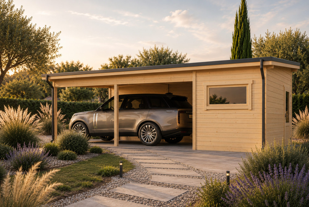Carport 1 voiture bois brut avec remise AERIS - Toit monopente - 7,84 m² + 21,37 m² - Madriers 44 mm