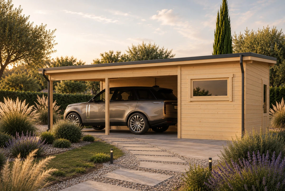 Carport 1 voiture bois brut avec remise AERIS - Toit monopente - 7,84 m² + 21,37 m² - Madriers 44 mm