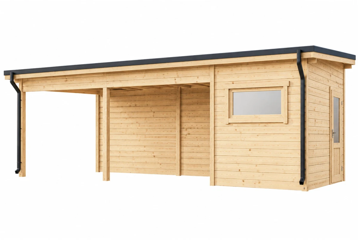 Carport 1 voiture bois brut avec remise AERIS - Toit monopente - 7,84 m² + 21,37 m² - Madriers 44 mm