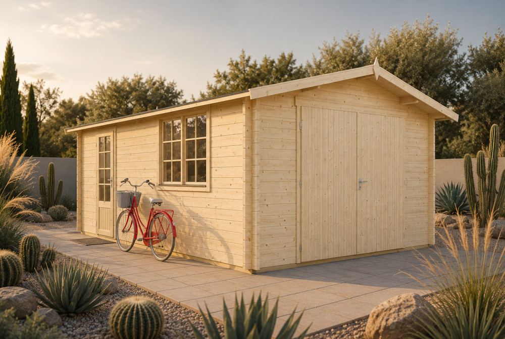 Garage bois brut AURA B - Toit double pente - 1 voiture - 20,60 m² - Madriers 70 mm contrecollés