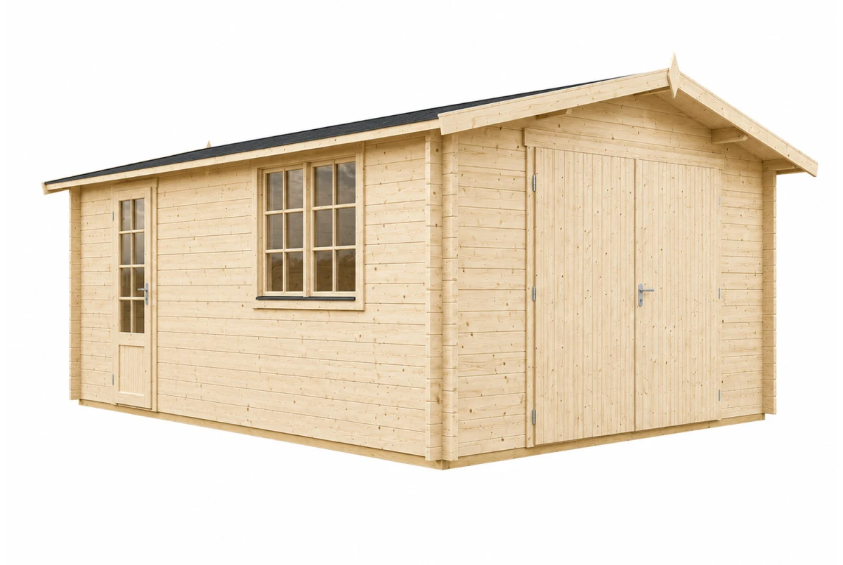 Garage bois brut AURA B - Toit double pente - 1 voiture - 20,60 m² - Madriers 70 mm contrecollés
