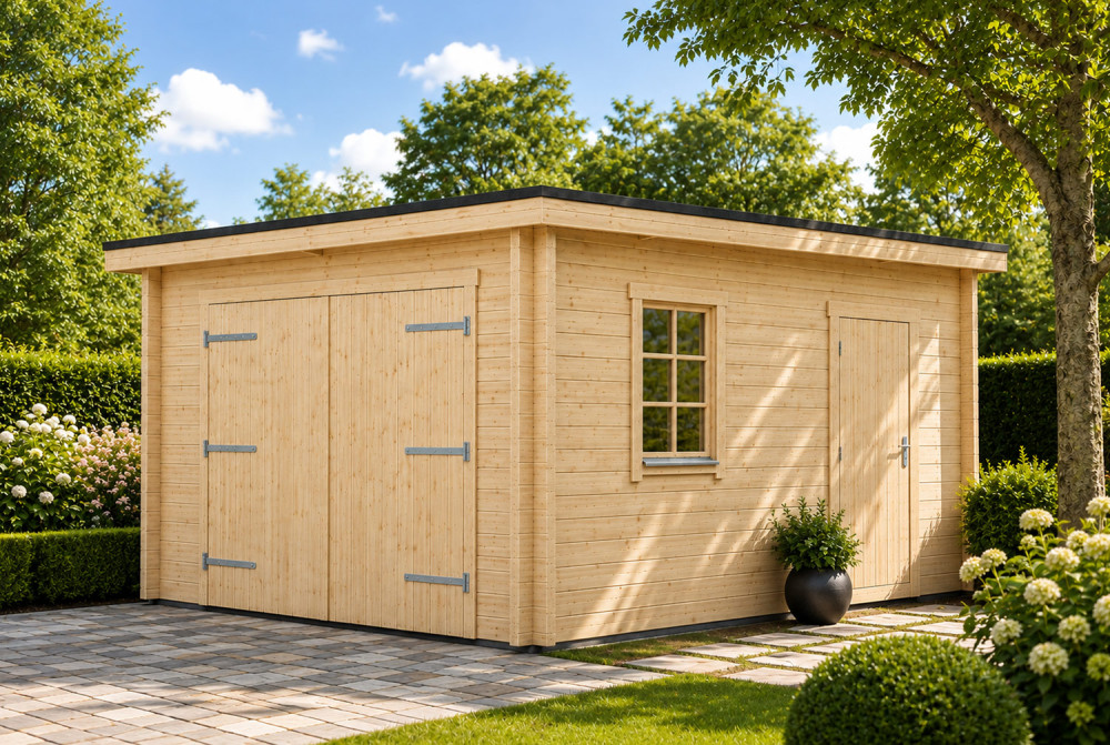 Garage bois brut CAUROS - Toit monopente - 1 voiture - 15,78 m² - Madriers 44 mm
