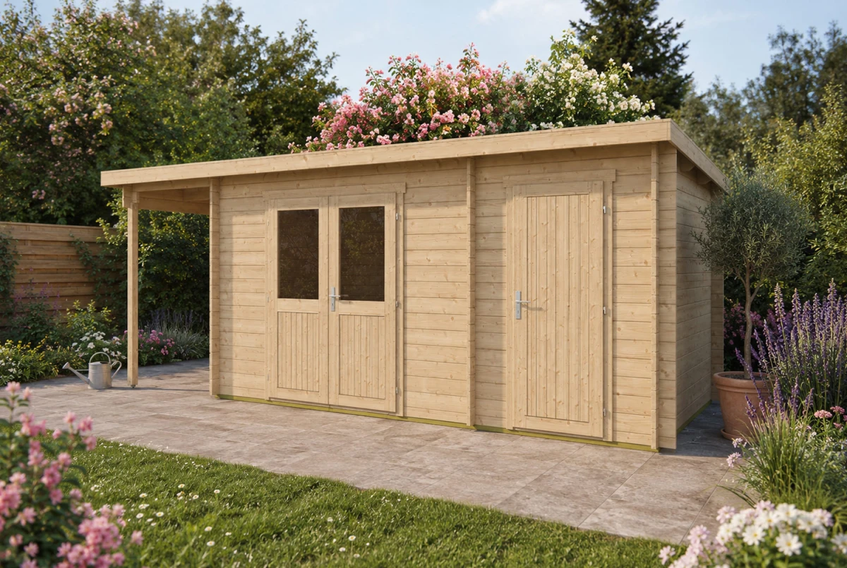 Abri de jardin bois brut ALIZÉ F - Toit plat avec appentis - 2 pièces - 9,64 m² + 3,08 m² - Madriers 28 mm