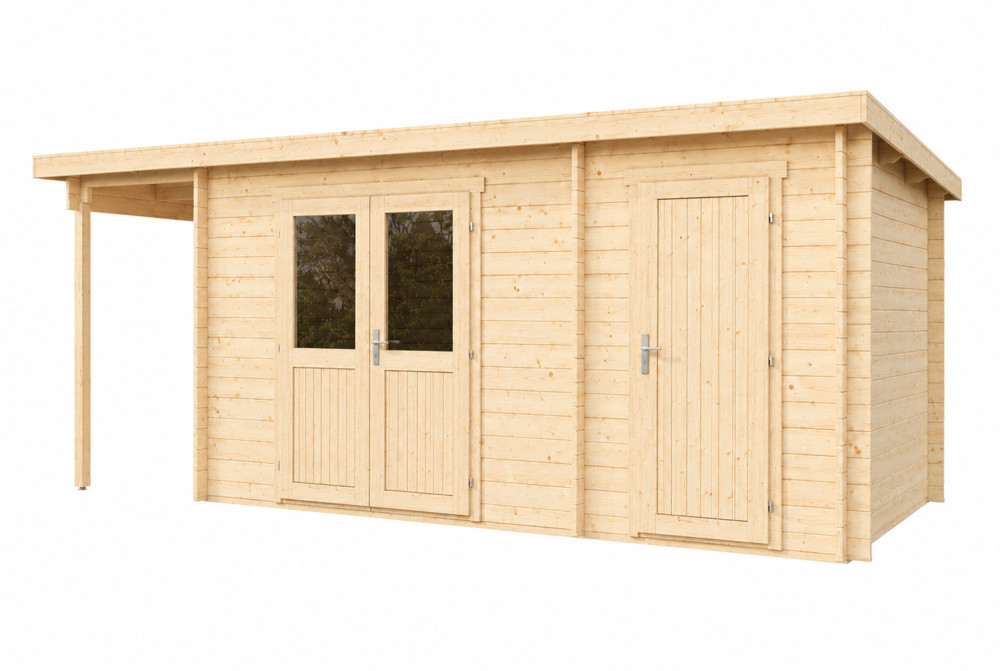 Abri de jardin bois brut ALIZÉ F - Toit plat avec appentis - 2 pièces - 9,64 m² + 3,08 m² - Madriers 28 mm