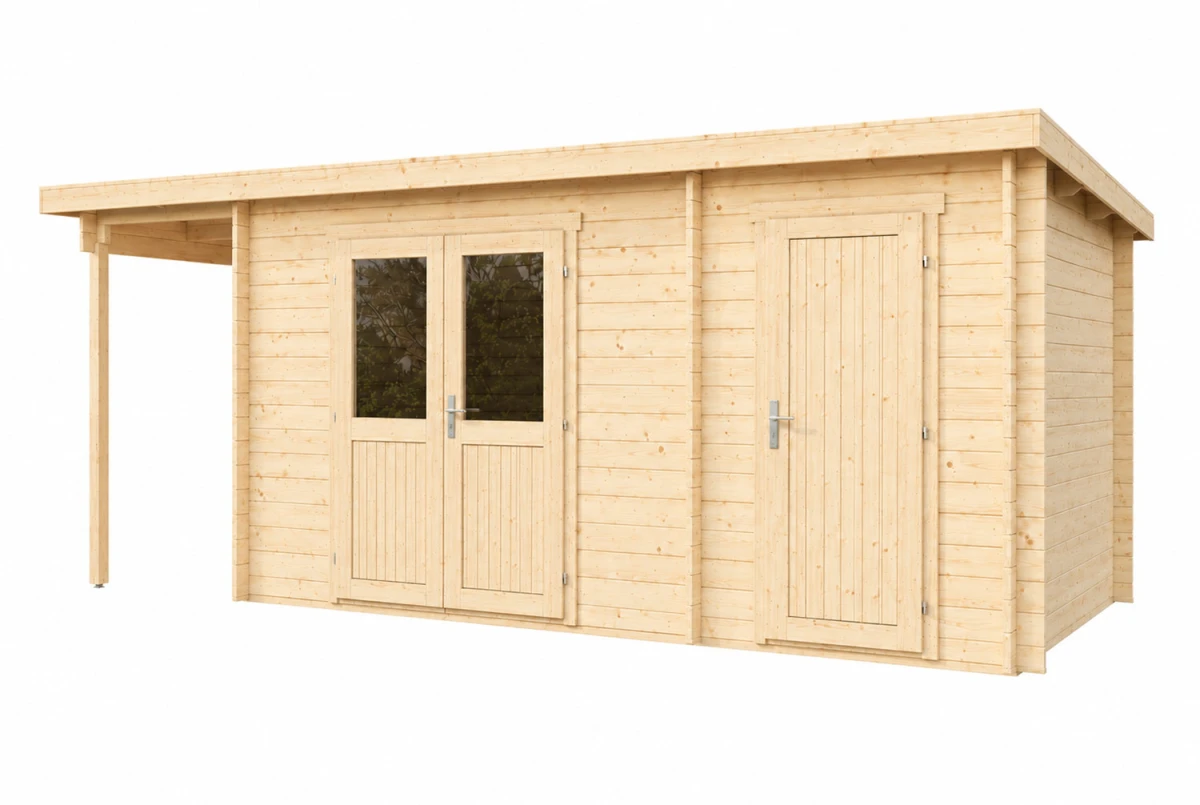 Abri de jardin bois brut ALIZÉ F - Toit plat avec appentis - 2 pièces - 9,64 m² + 3,08 m² - Madriers 28 mm