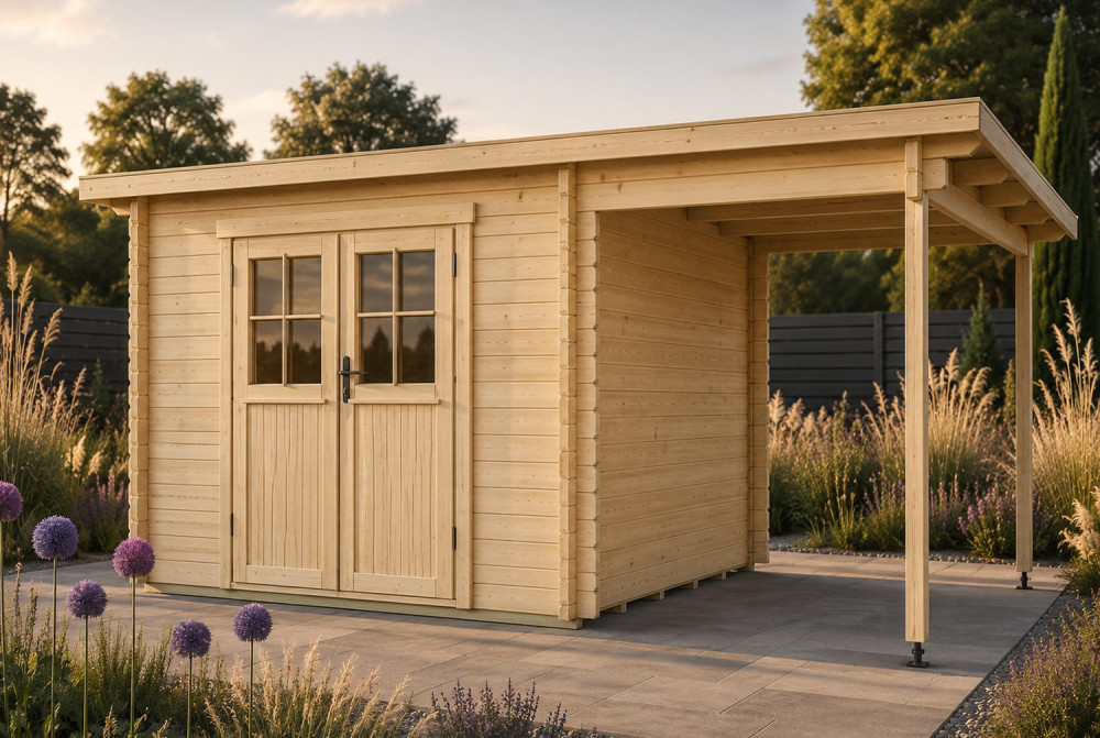Abri de jardin HORIZON 3G - Toit plat avec appentis - 7,31m² + 3,98m² - Madriers 28mm