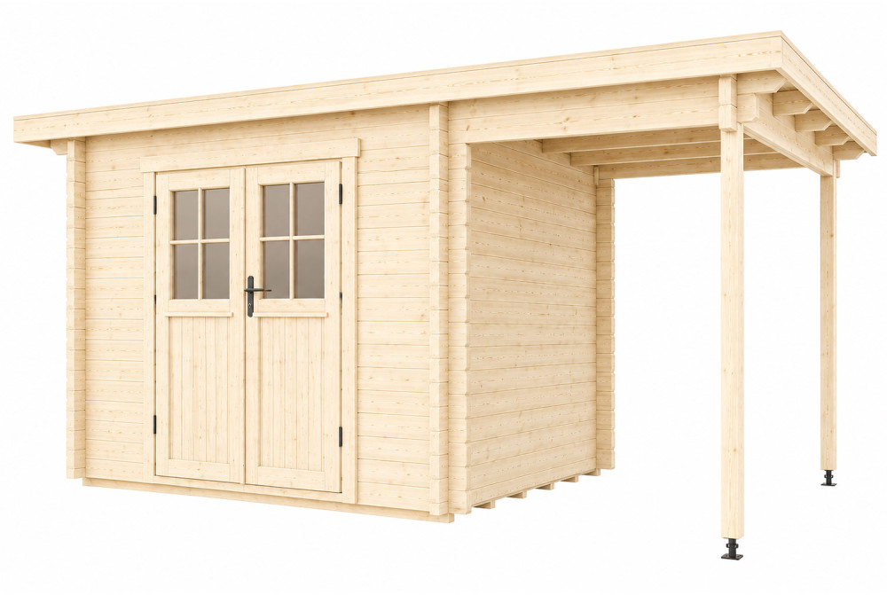 Abri de jardin HORIZON 3G - Toit plat avec appentis - 7,31m² + 3,98m² - Madriers 28mm