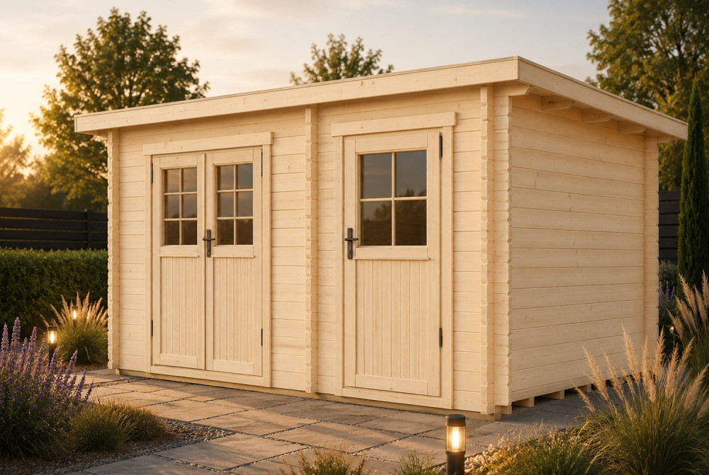 Abri de jardin bois bois brut HORIZON 3H - Toit plat - 2 pièces - 11,29 m² - Madriers 28 mm
