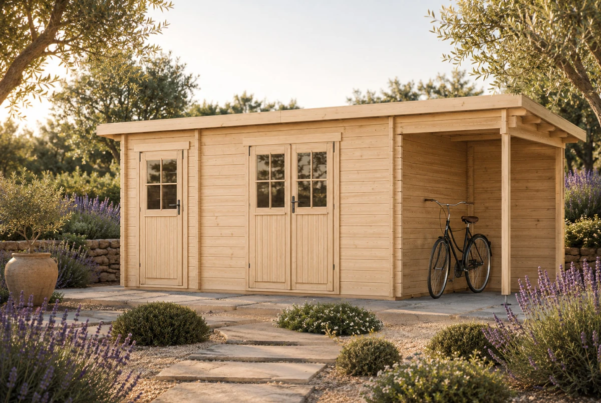 Abri de jardin bois brut HORIZON 4I - Toit plat avec appentis - 2 pièces - 12,91m² + 3,98m² - Madriers 28 mm