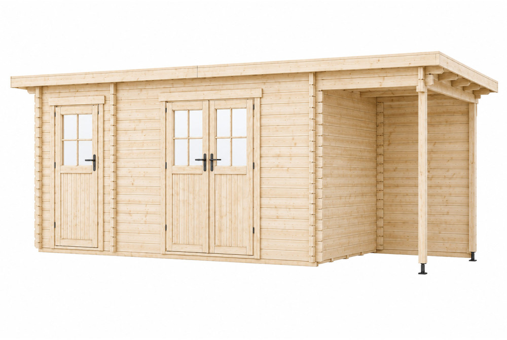 Abri de jardin bois brut HORIZON 4I - Toit plat avec appentis - 2 pièces - 12,91m² + 3,98m² - Madriers 28 mm