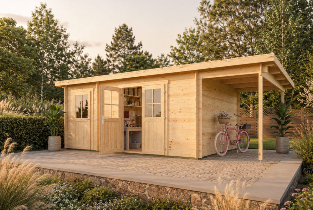 Abri de jardin bois brut HORIZON 5I - Toit plat avec appentis - 2 pièces - 15,78 m² + 4,98m²- Madriers 28 mm