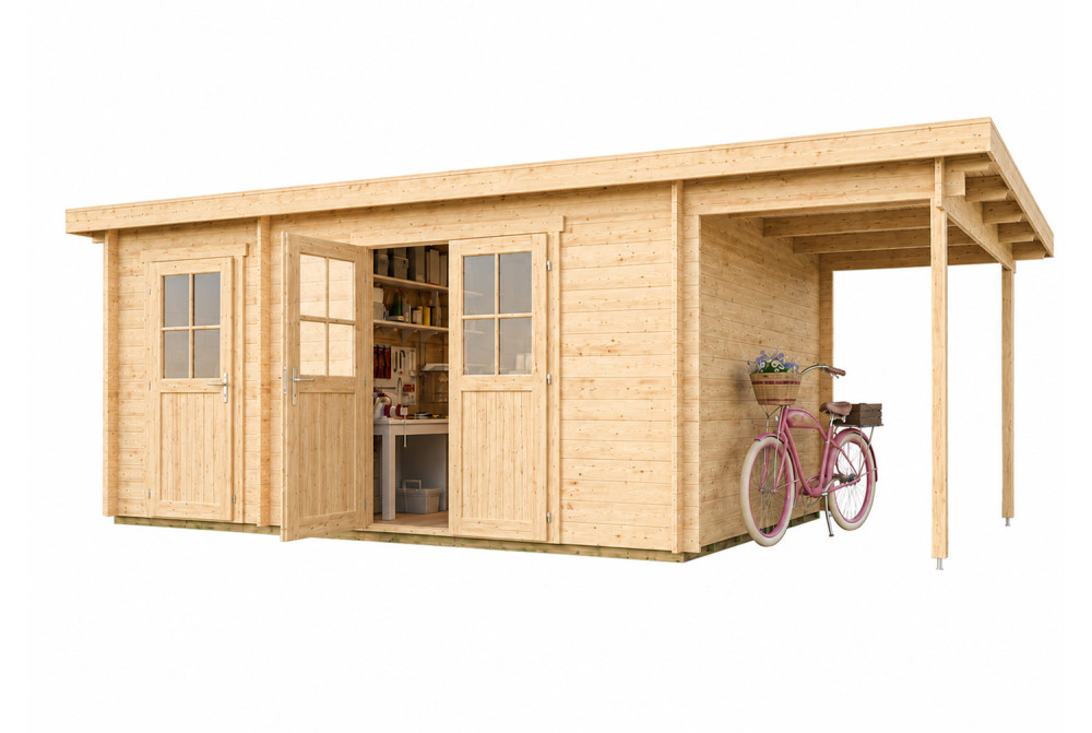 Abri de jardin bois brut HORIZON 5I - Toit plat avec appentis - 2 pièces - 15,78 m² + 4,98m²- Madriers 28 mm