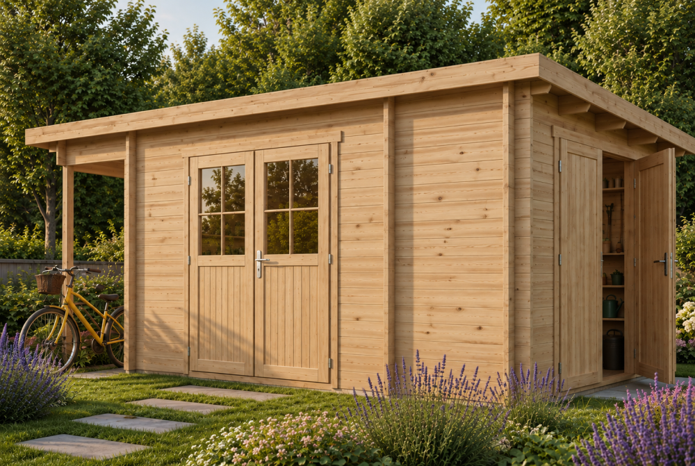 Abri de jardin bois brut HORIZON 3K - Toit plat avec appentis - 2 pièces - 10,01 m² + 2,70 m² - Madriers 28 mm