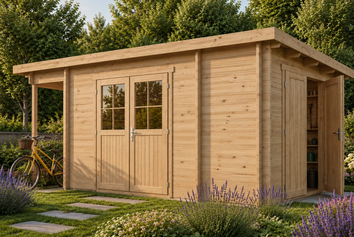 Abri de jardin bois brut HORIZON 3K - Toit plat avec appentis - 2 pièces - 10,01 m² + 2,70 m² - Madriers 28 mm